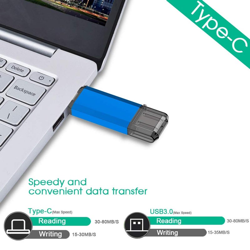 Kalsan 128GB USB-C Flash Drive - High Speed 128GB Thumb Drive for Type C Smartphones, Tablets, PC & MacBook - Blue - Image 5
